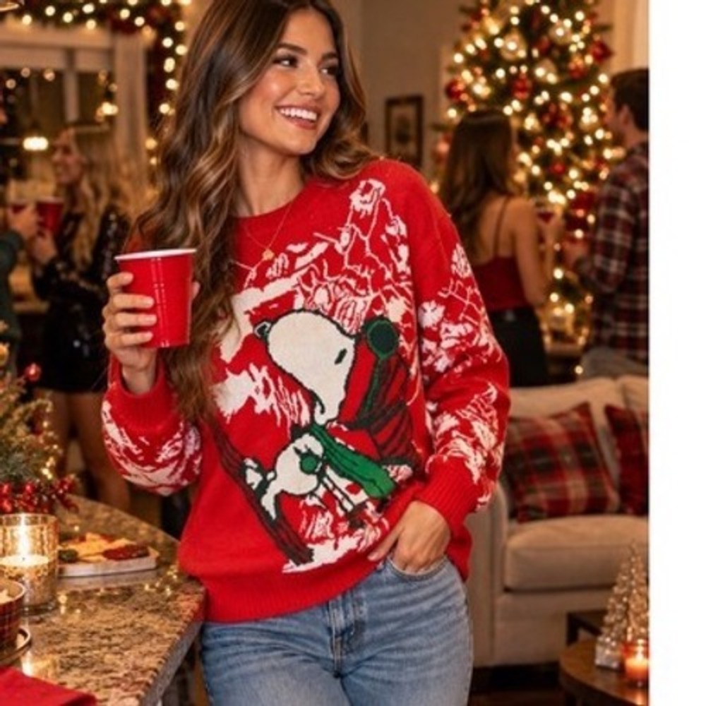 Peanuts Snoopy Skiing Christmas Sweater Red Holiday Knit Vintage XL Crewneck